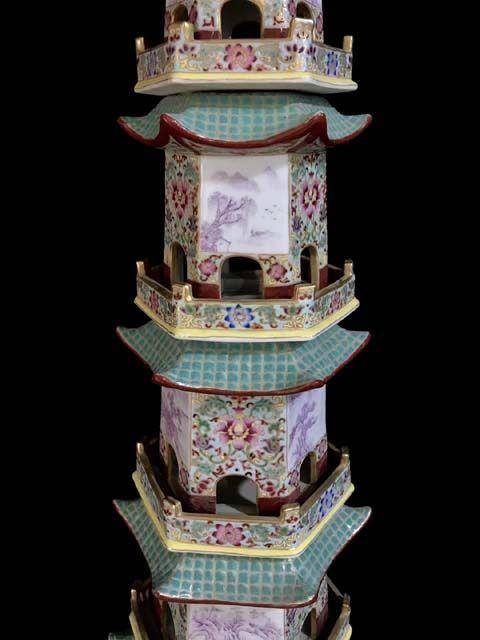 精品本金珐琅彩开窗花卉山水人物纹宝塔一对图3