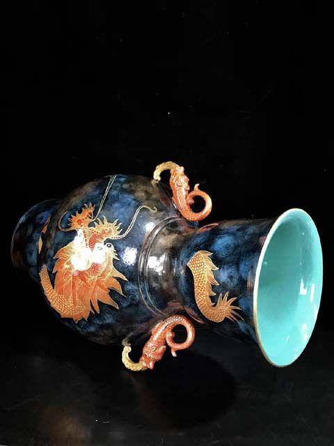 精品本金祭蓝釉矾红描金鱼跃龙门纹双耳瓶一对图8