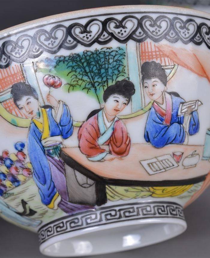 民国 粉彩 人物 薄胎碗 一对图8