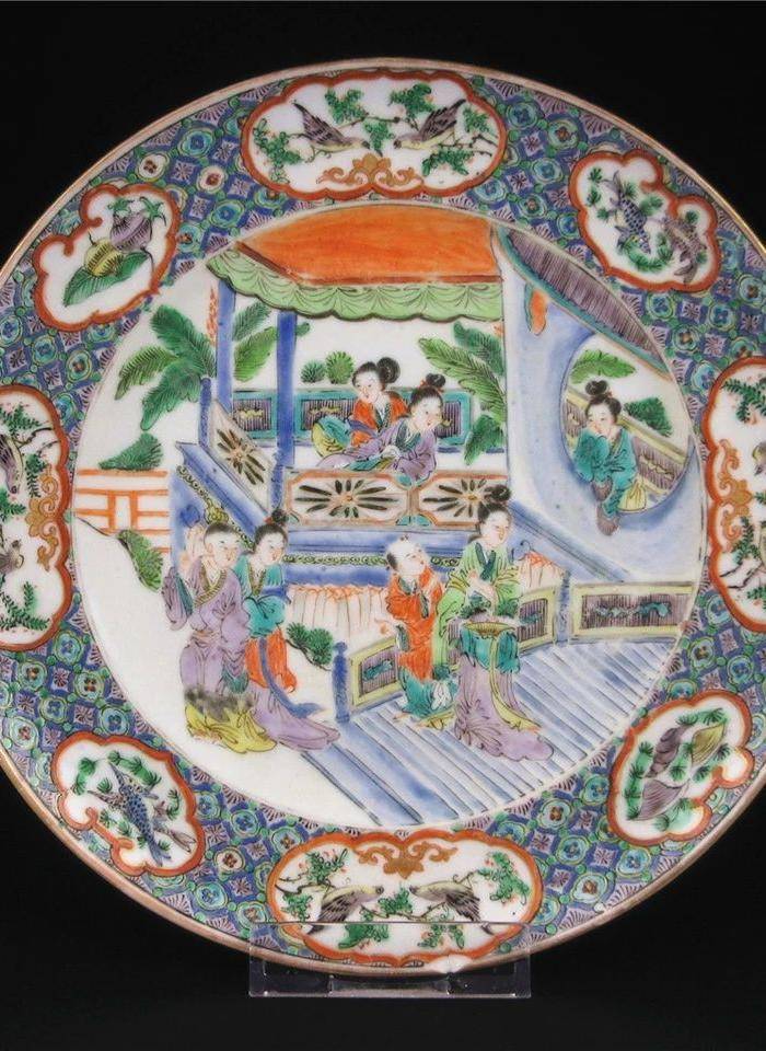 清代同治光绪广彩五彩粉彩盘子 回流保真古董老瓷器摆件 带子游园图片