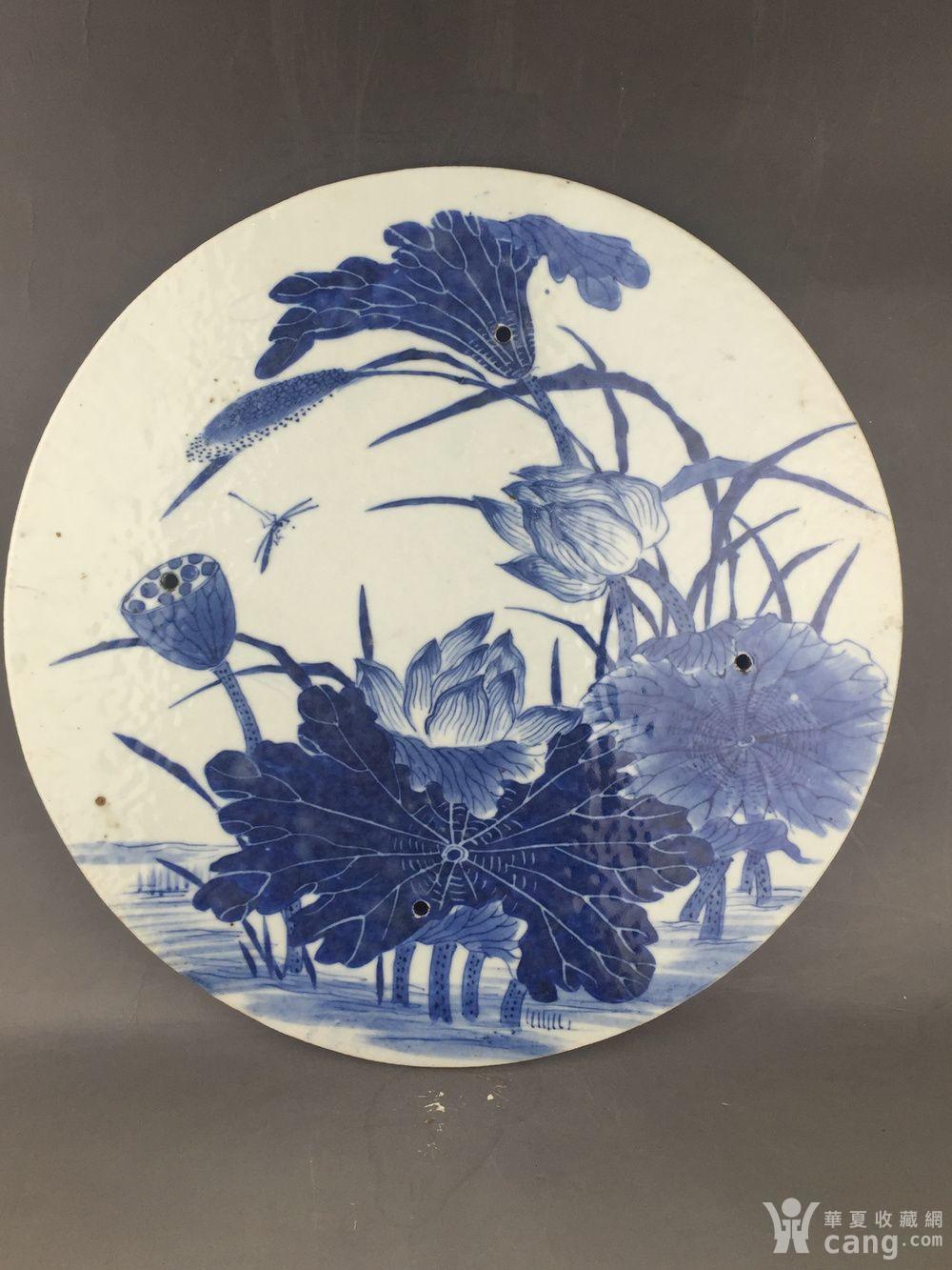 极品清中期青花荷塘清趣纹大号花几面圆瓷板一对之二