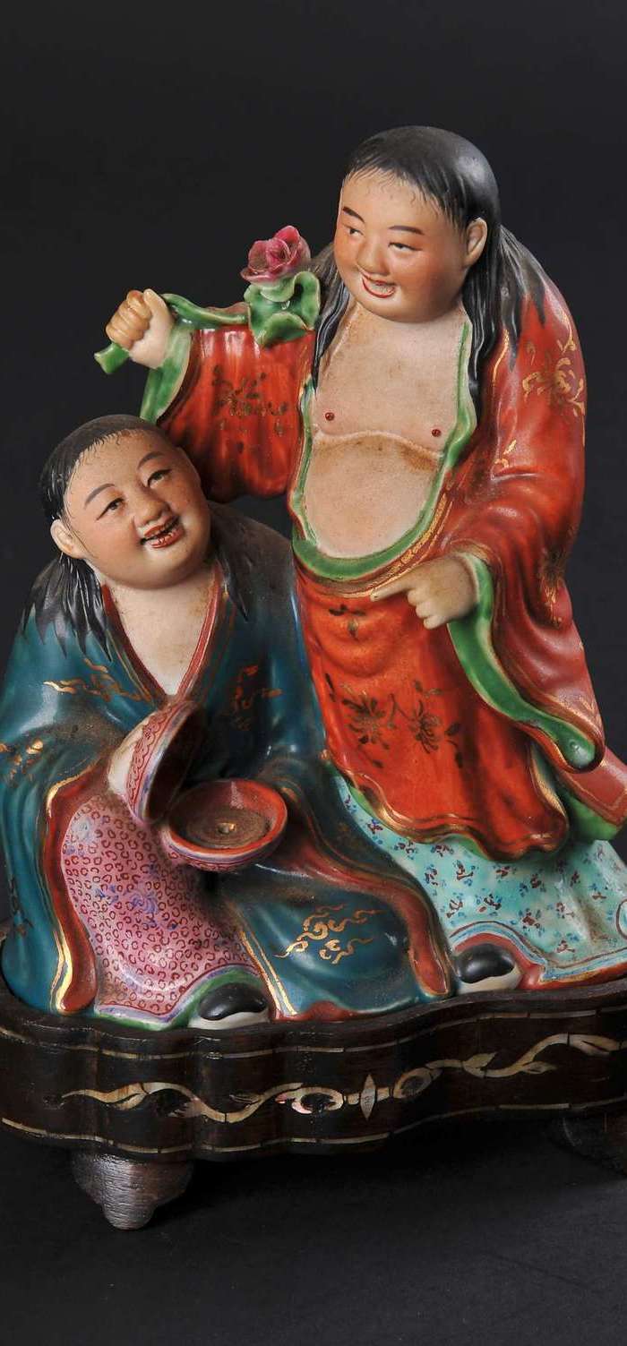 【精品】晚清/民国 朱荣记造和合二仙瓷塑