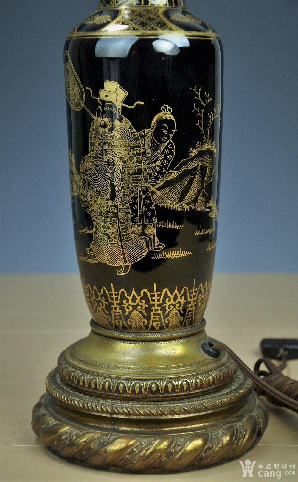 【欧美回流】清光绪描金彩乌金釉人物棒槌瓶台灯