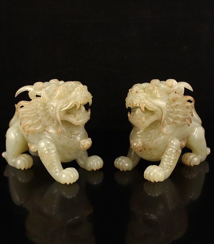 全榕珠宝 油润和田玉雕刻招财麒麟摆件一对 896g