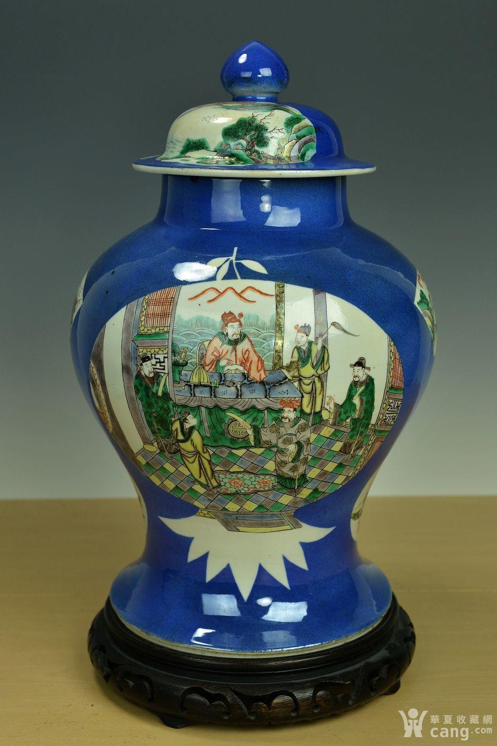 【欧美回流】清光绪洒蓝地开窗五彩人物故事大将军罐 - 清 - 瓷器