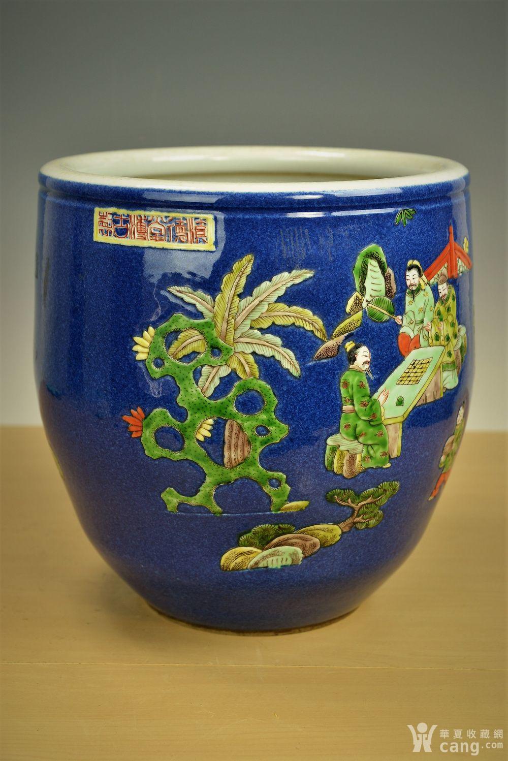 欧美回流 漂亮民国解初洒蓝釉五彩堆釉人物故事卷缸