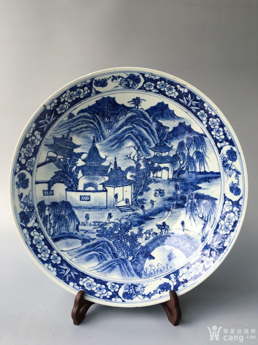 清咸丰 青花山水人物大盘