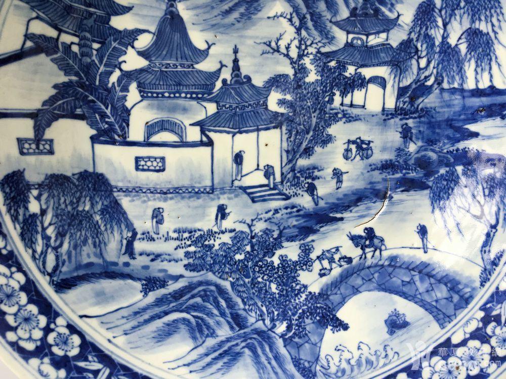 清咸丰 青花山水人物大盘