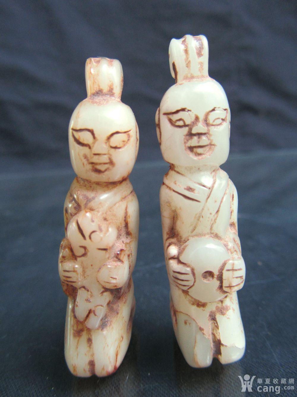 和田青白玉子料精雕遇贵人摆件一对