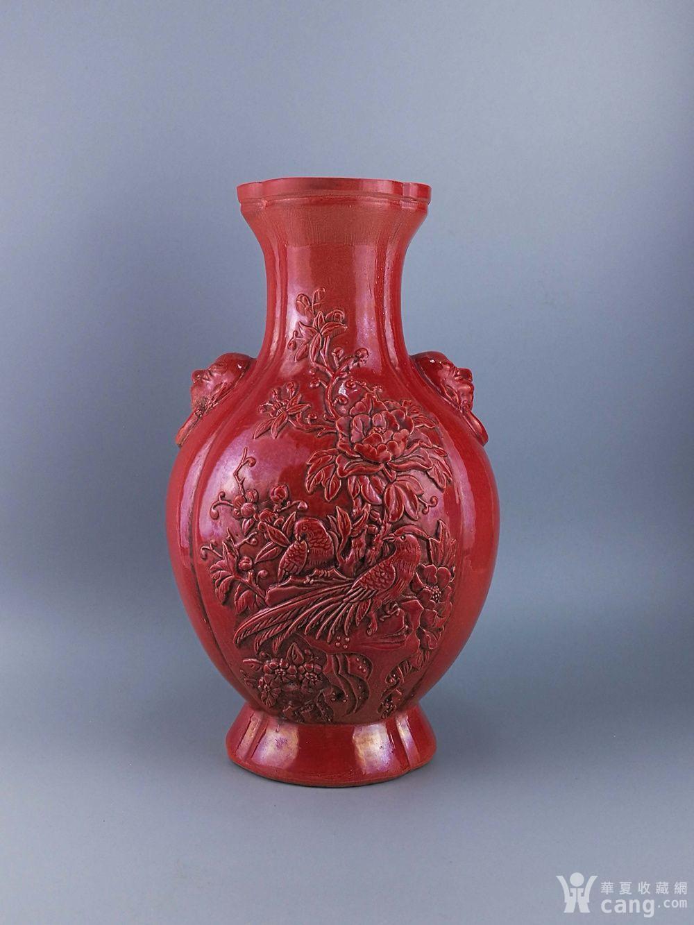 红釉花鸟兽耳瓶 - 清 - 瓷器 - 华夏收藏网