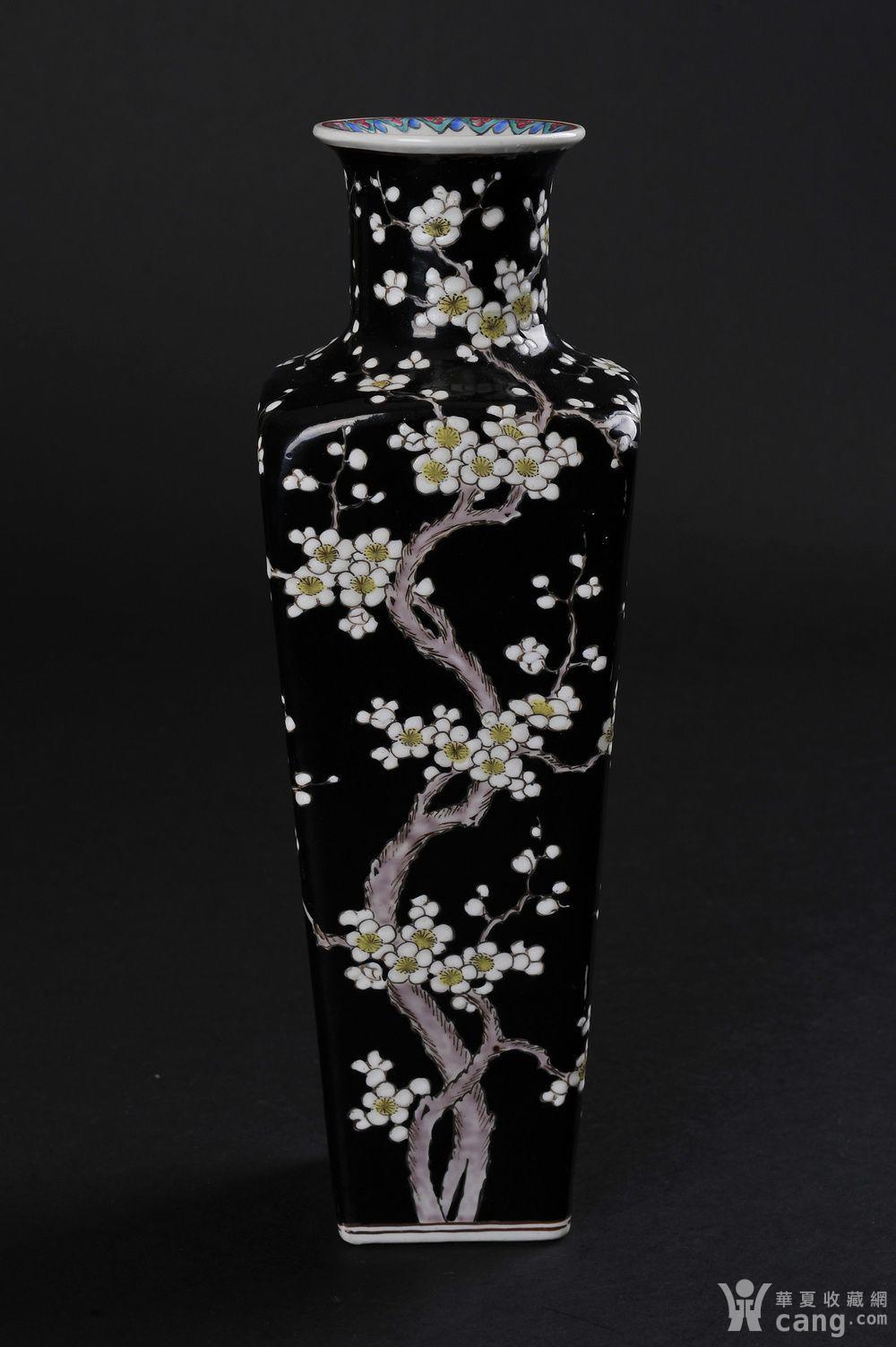 欧美回流 出口创汇 墨地粉彩梅花纹方棒槌瓶