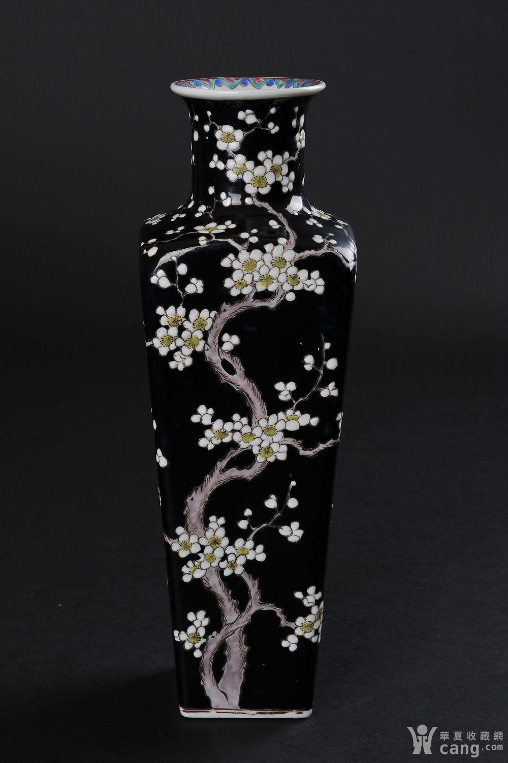 欧美回流 出口创汇 墨地粉彩梅花纹方棒槌瓶