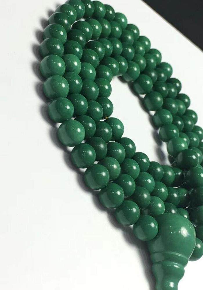 湖北十堰顶级玉化级老油绿色绿松石108颗佛珠多圈手链