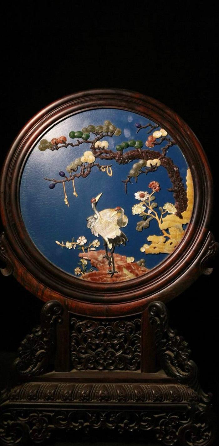 清 老紫檀木大漆漆皮描金镶嵌玉石多宝松鹤延年屏风摆件