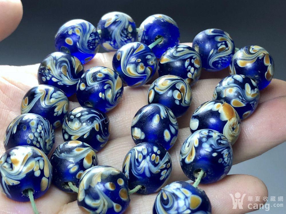 清代古法搅胎蓝琉璃珠一串