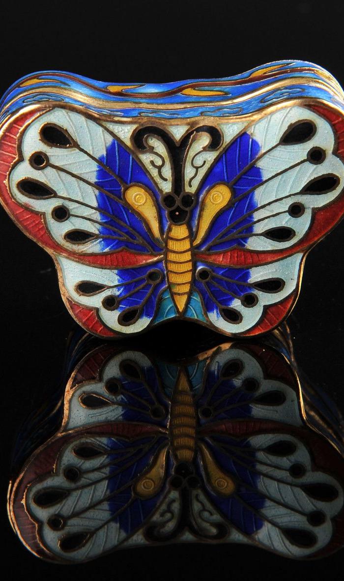 欧美回流 精美景泰蓝蝴蝶形小盖盒一对