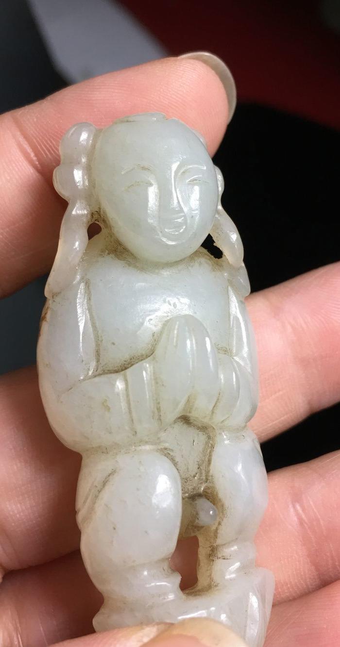 联盟 明代和田青白玉 偏白 莲花童子挂件