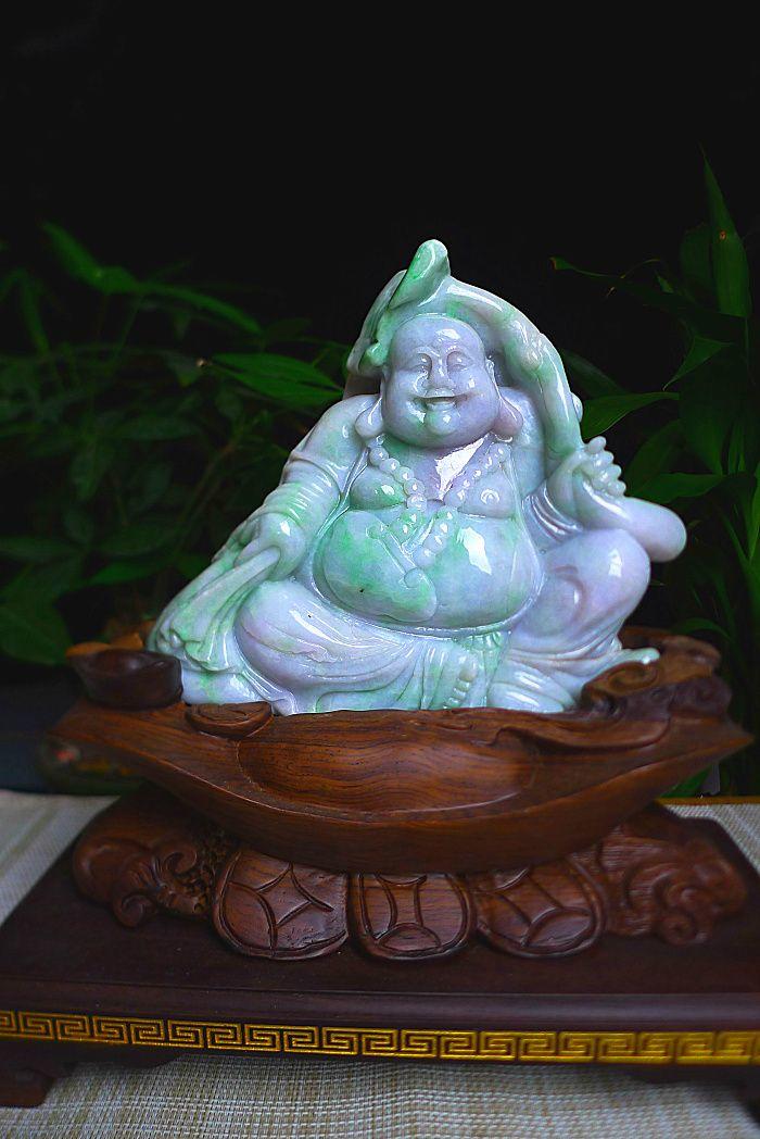 天然a货翡翠老坑水润飘绿精工笑口常开弥勒佛摆件