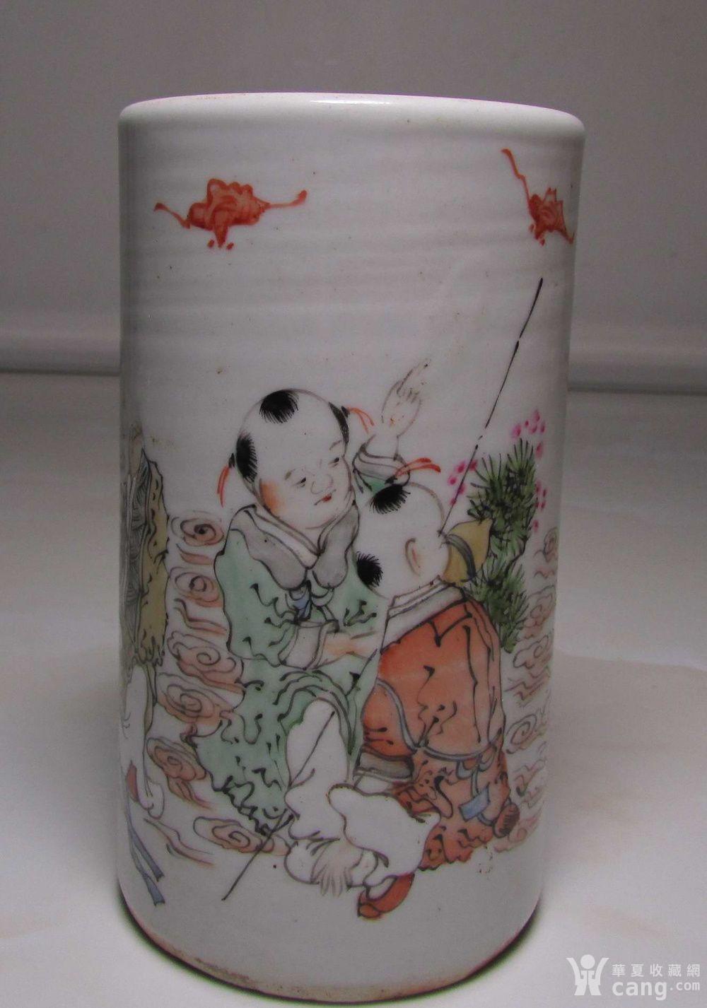 马庆云民国三年浅绛彩人物故事笔筒