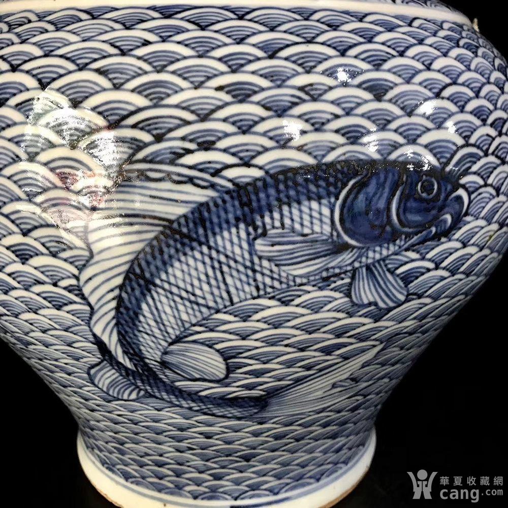 青花海浪纹鱼纹狗头罐 柴窑