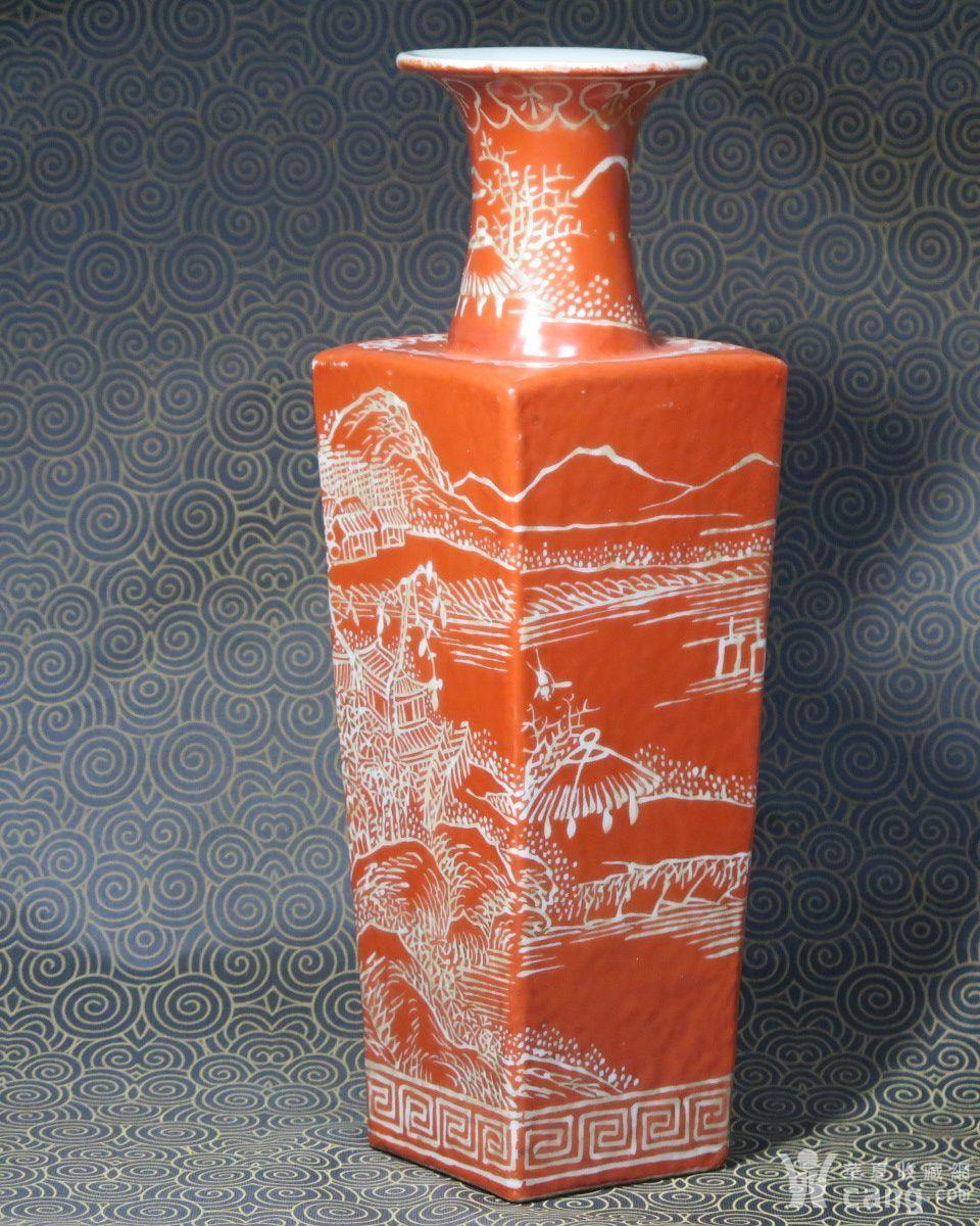 精品 民国矾红刻山水风景四方瓶