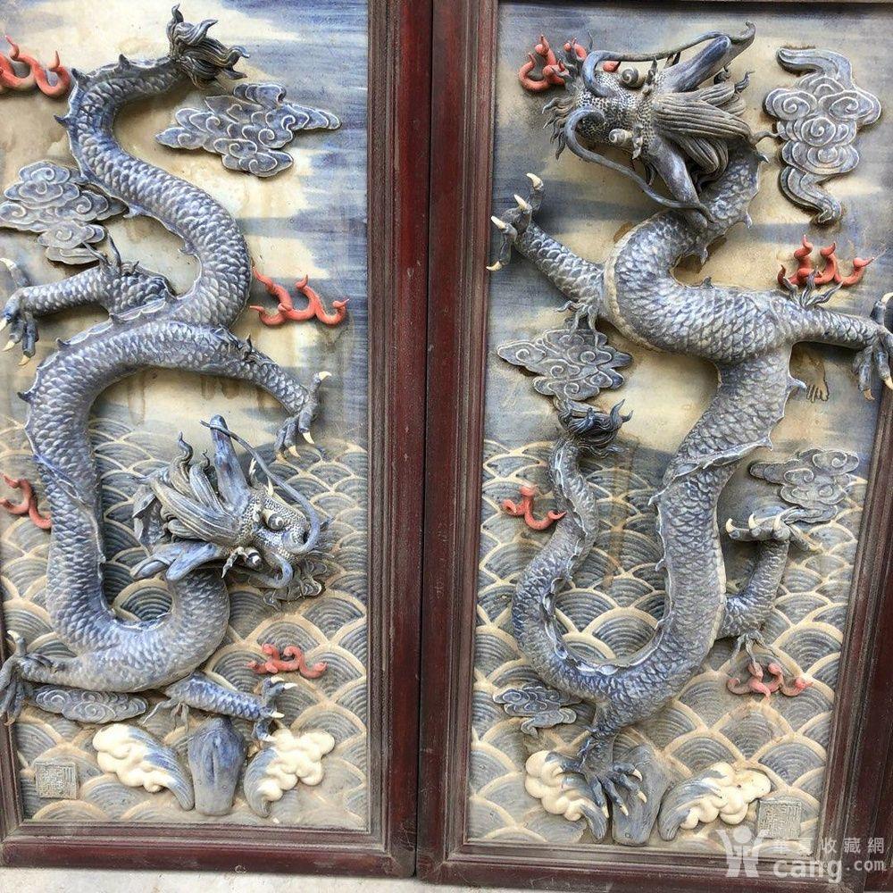 红木镶瓷板画浮雕海水龙纹九龙壁