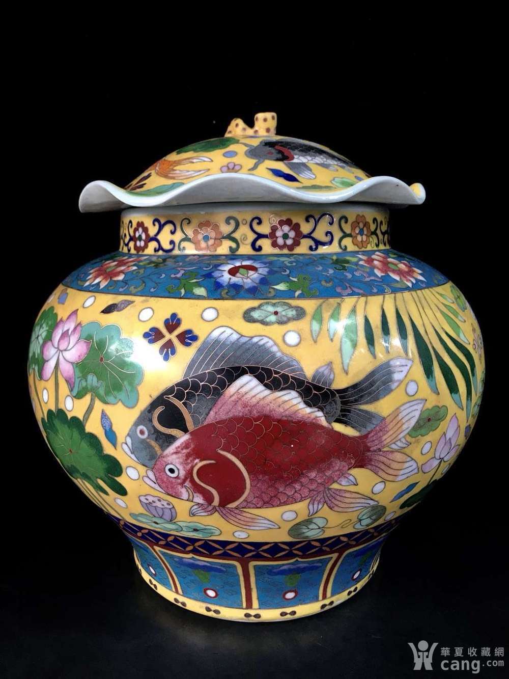 精品元代景泰蓝掐丝珐琅彩鱼藻纹荷叶罐一对